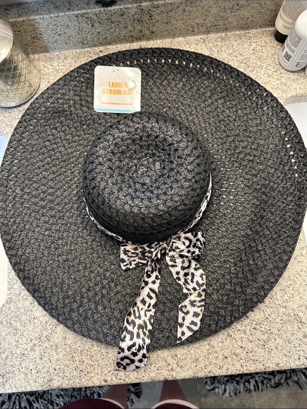 Ladies Black Straw Sun Hat with Leopard Print Bow